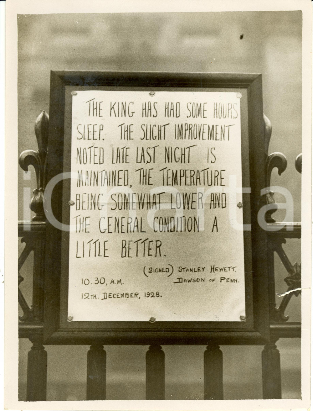 Fotografia d epoca originale 1928 LONDON UK Bollettino medico segnala miglioramento salute Giorgio V Foto 1