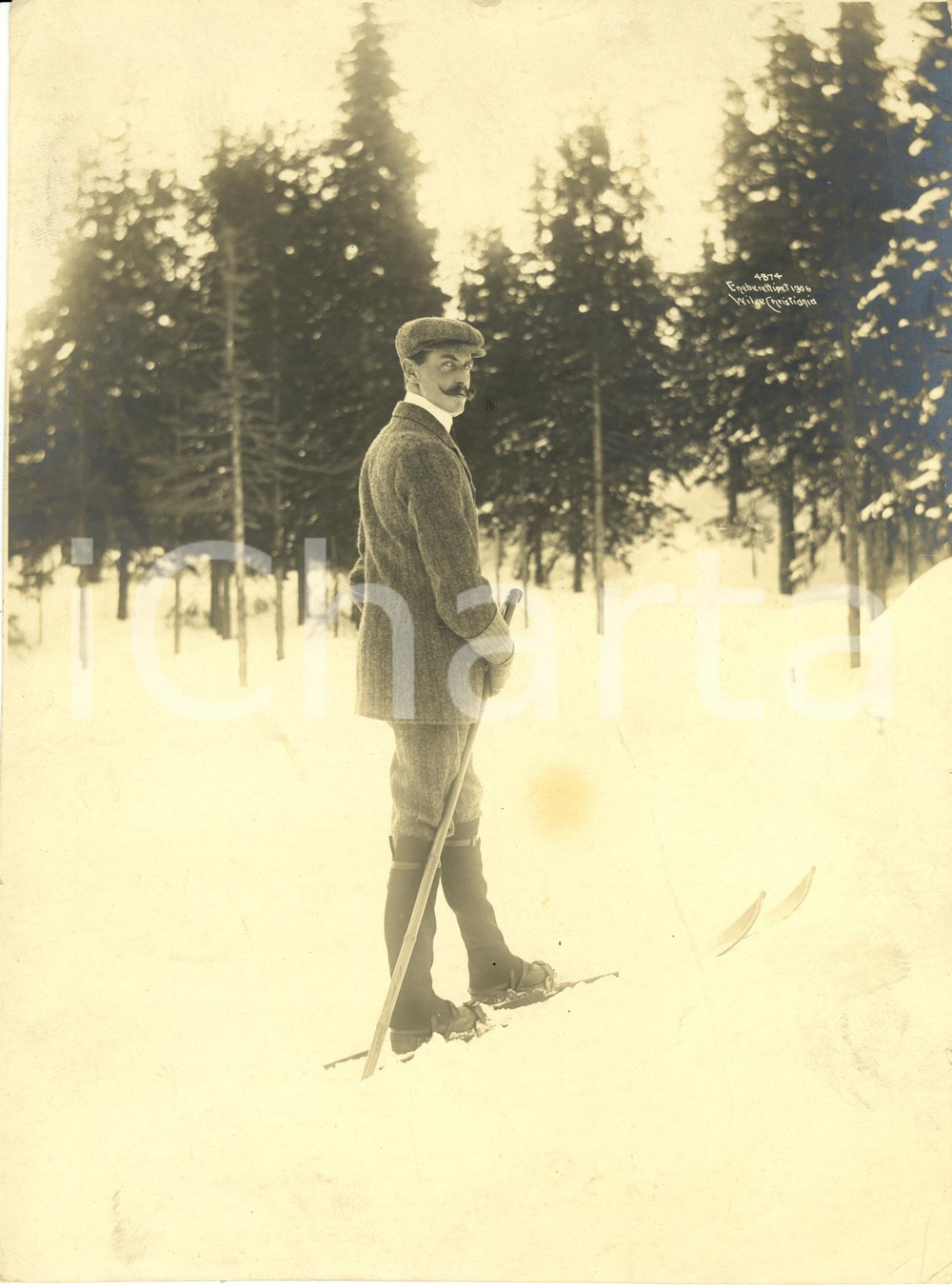 Fotografia d epoca originale 1915 ca NORVEGIA? Re Haakon VII con gli sci Fotografia 1