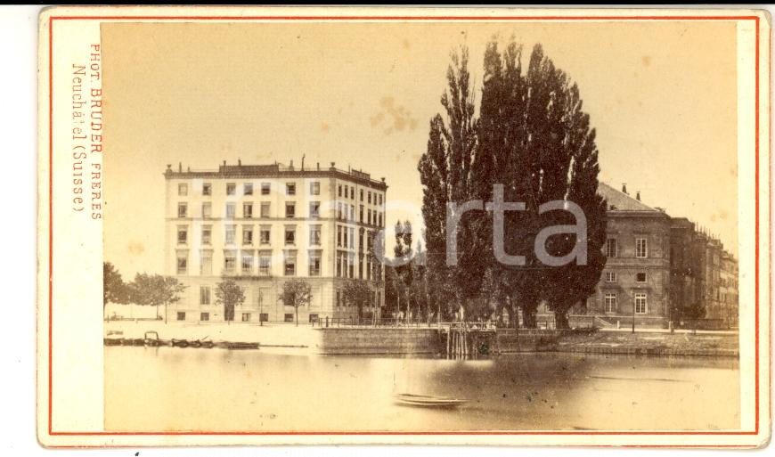 Fotografia d epoca originale 1871 NEUCHATEL CH Veduta dell HOTEL BELLEVUE Foto BRUDER 10 x 6 cm 1