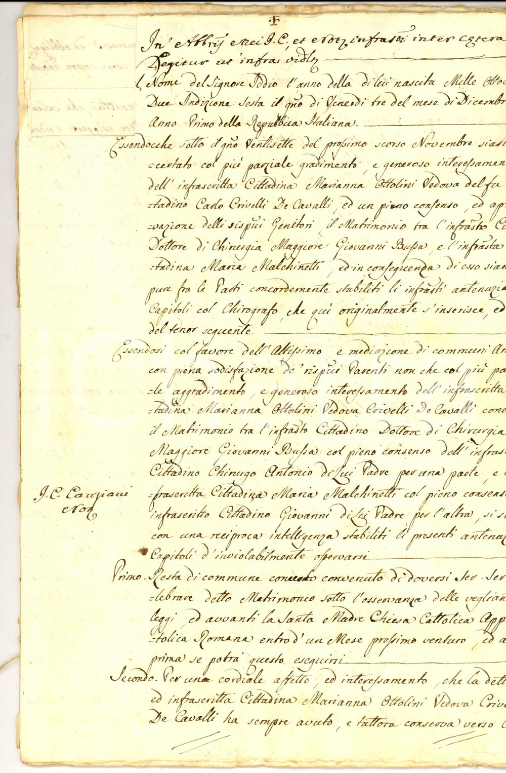 Documento originale, autentico 1802 MILANO Marchesa Marianna OTTOLINI dota la sua protetta Maria MALCHINETTI 1
