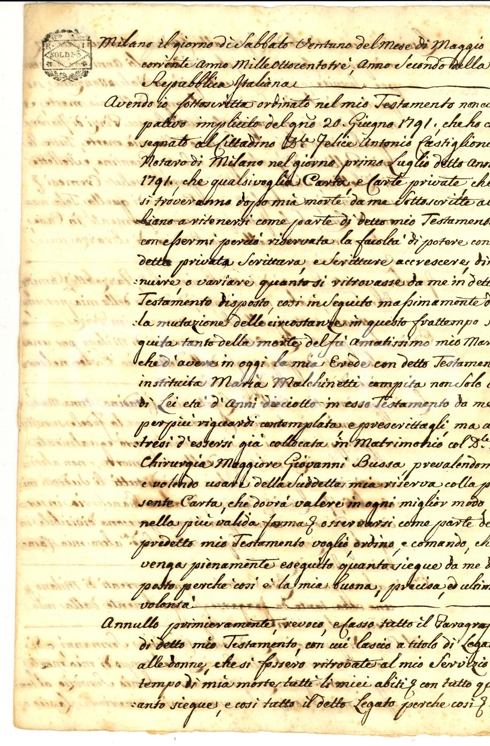 Documento originale, autentico 1803 MILANO Marchesa Marianna OTTOLINI lascia pizzi di Fiandra alla cameriera 1