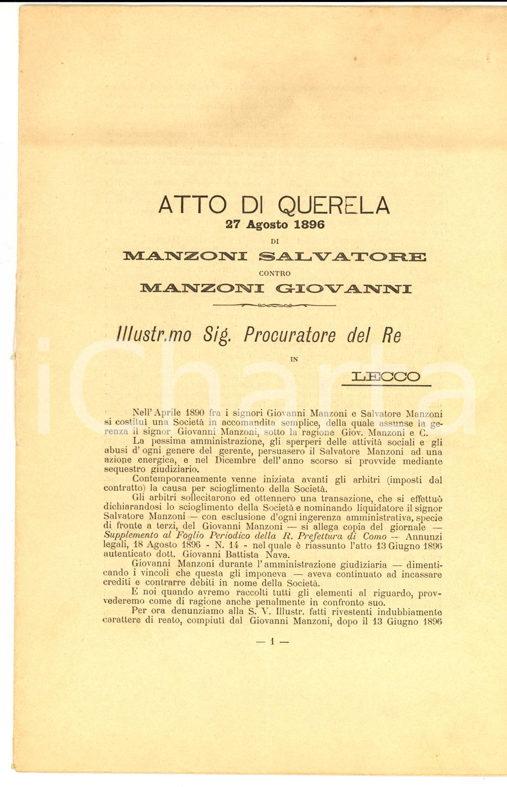 Documento originale, autentico 1896 LECCO Salvatore MANZONI querela socio Giovanni per frode e fallimento 1