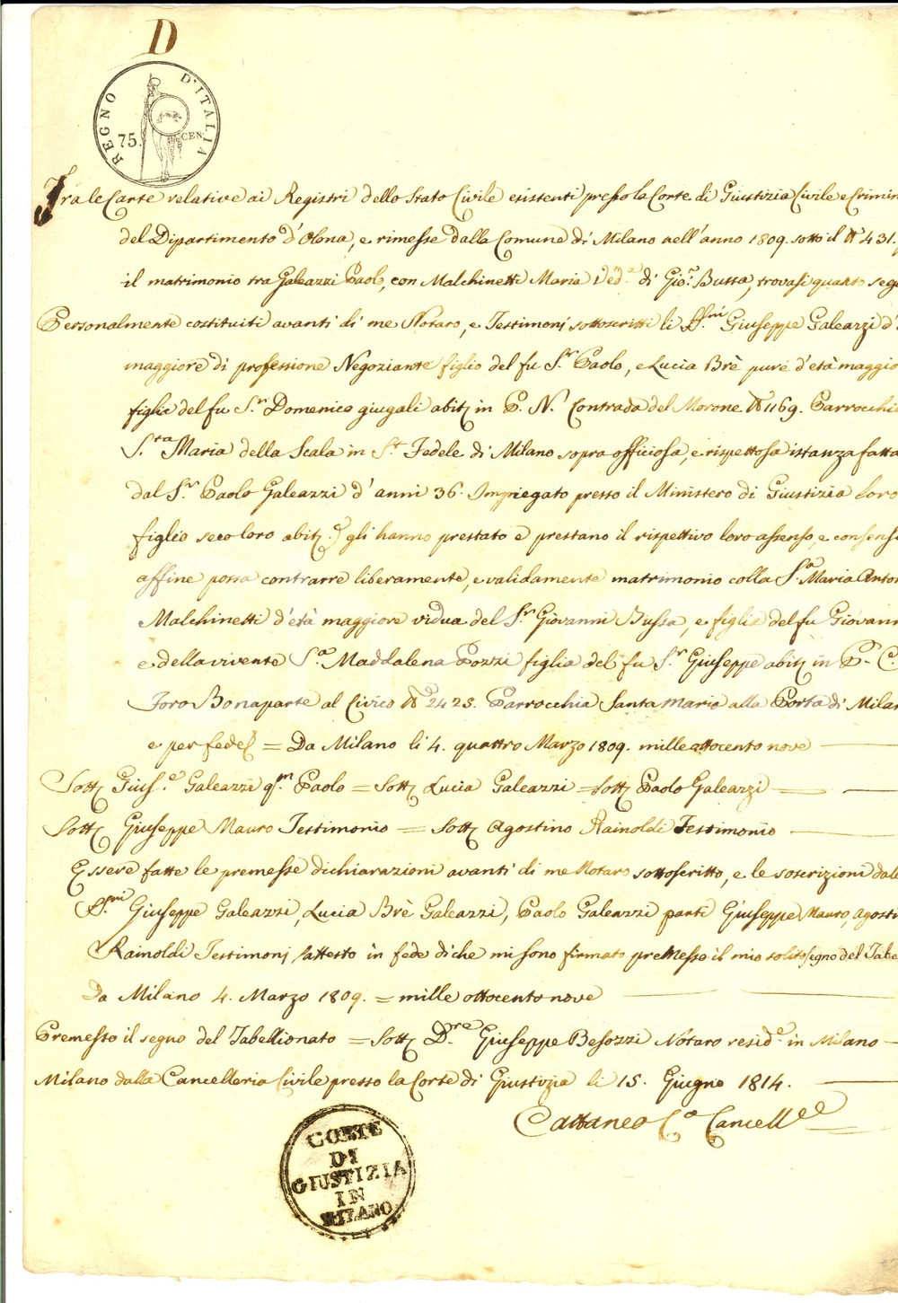 Documento originale, autentico 1814 MILANO Consenso a nozze di Paolo GALEAZZI con vedova Maria MALCHINETTI 1