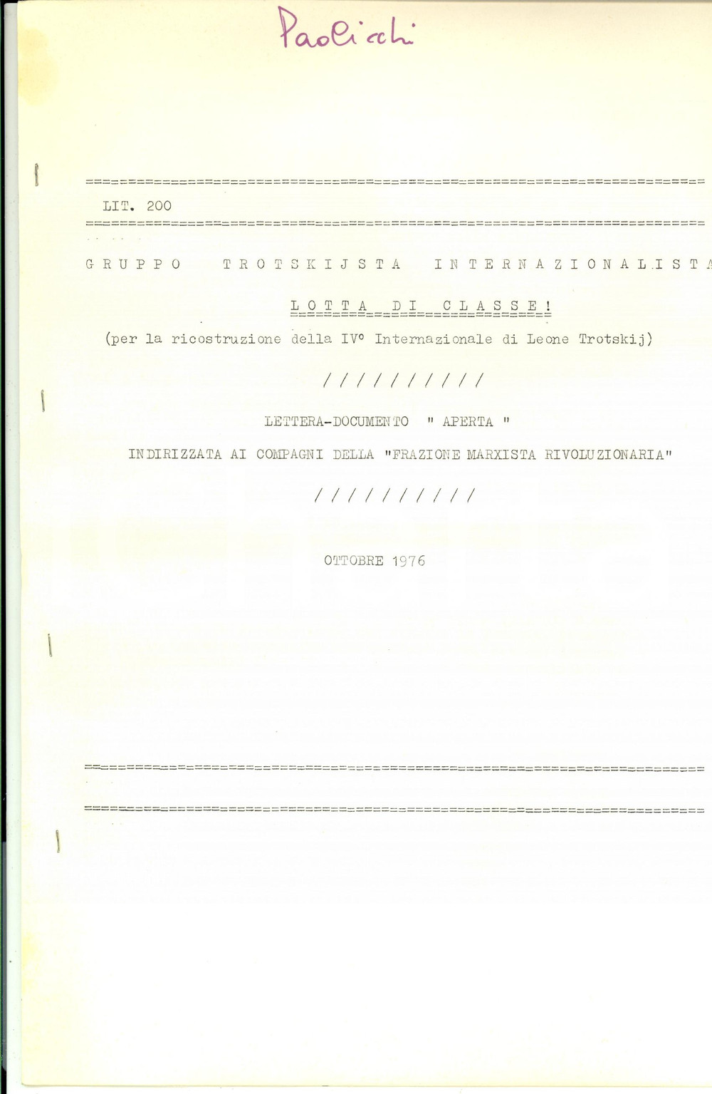 Materiale pubblicitario d’epoca 1976 ROMA Silvio PAOLICCHI Lettera aperta alla Frazione MARXISTA RIVOLUZIONARIA 1
