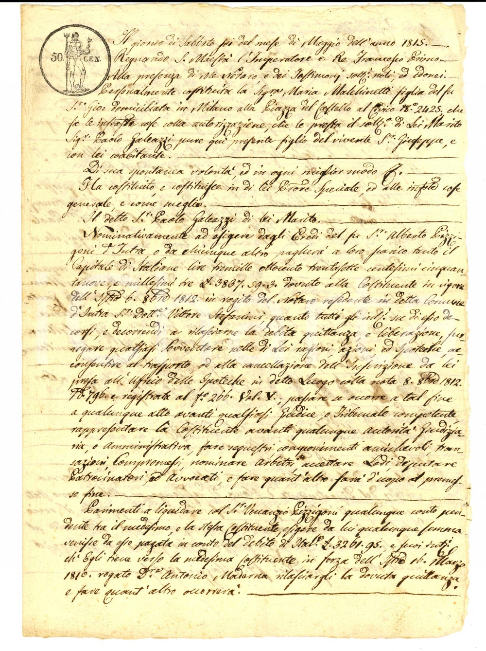 Documento originale, autentico 1815 MILANO Procura a Paolo GALEAZZI per debiti eredi di Alberto PIZZIGONI 1