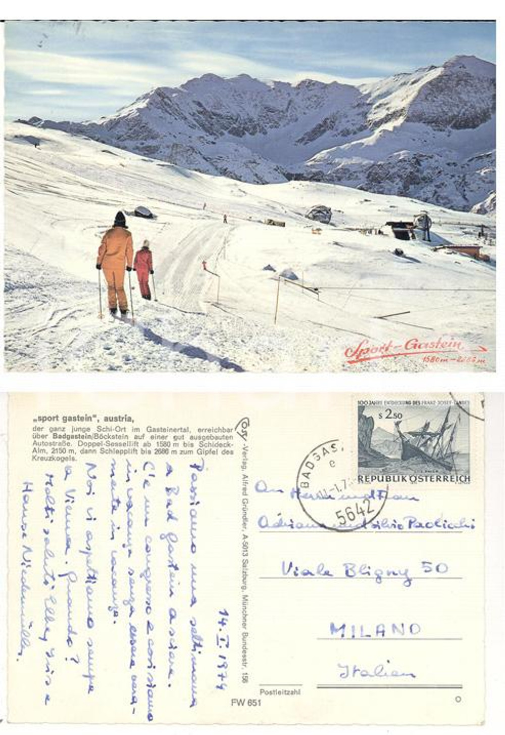 Autografo originale 1974 BAD GASTEIN Austria Hans MUELLER invita Silvio PAOLICCHI Autografo 1