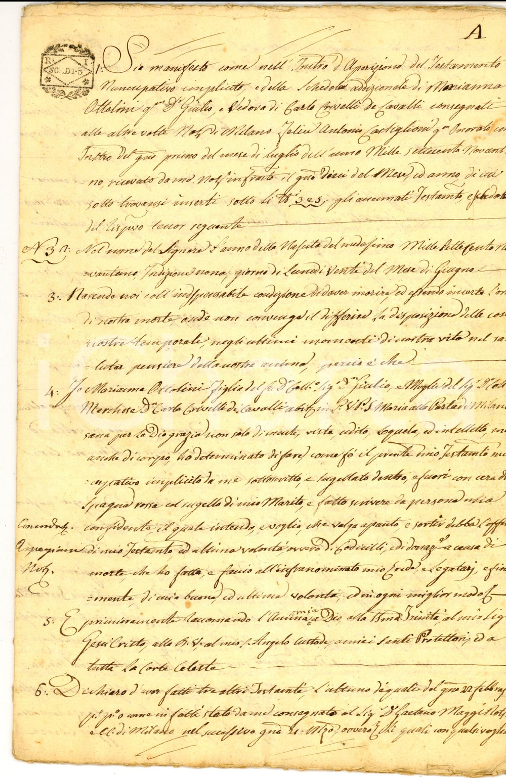 Documento originale, autentico 1805 MILANO Testamento marchesa Marianna OTTOLINI CRIVELLI CAVALLI Manoscritto 1