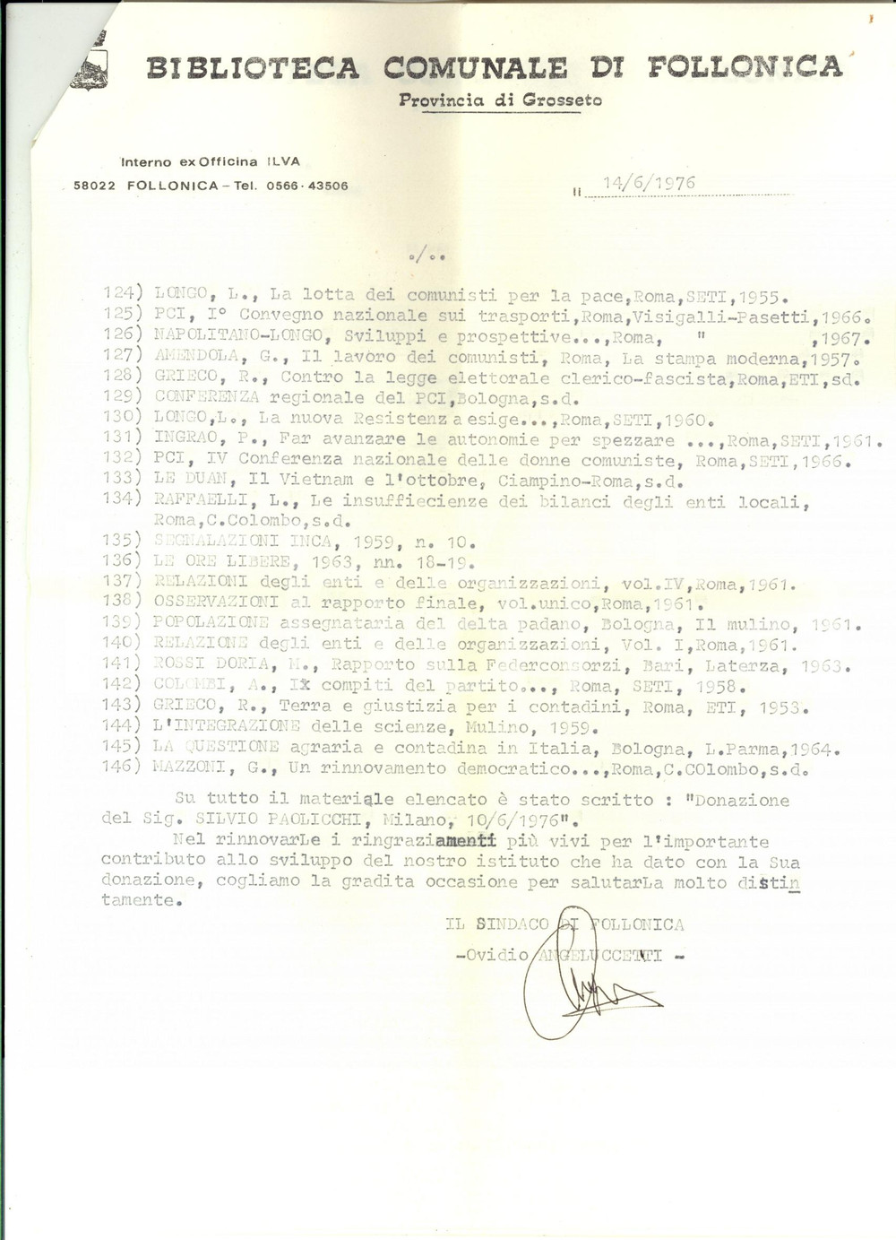 Autografo originale 1976 FOLLONICA GR Ovidio ANGELUCCETTI ringrazia Silvio PAOLICCHI per biblioteca 1