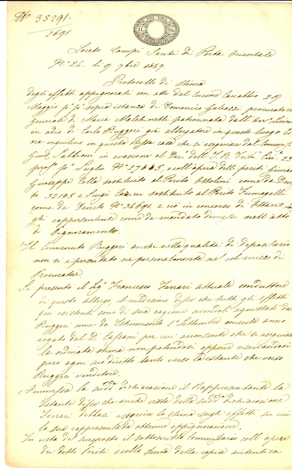 Documento originale, autentico 1847 MILANO LORETO Stima dei beni pignorati a Carlo RUGGERI albergatore 1