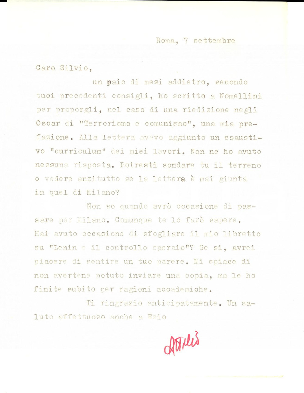 Autografo originale 1975 ca Attilio CHITARIN scrive prefazione a Terrorismo e comunismo AUTOGRAFO 1