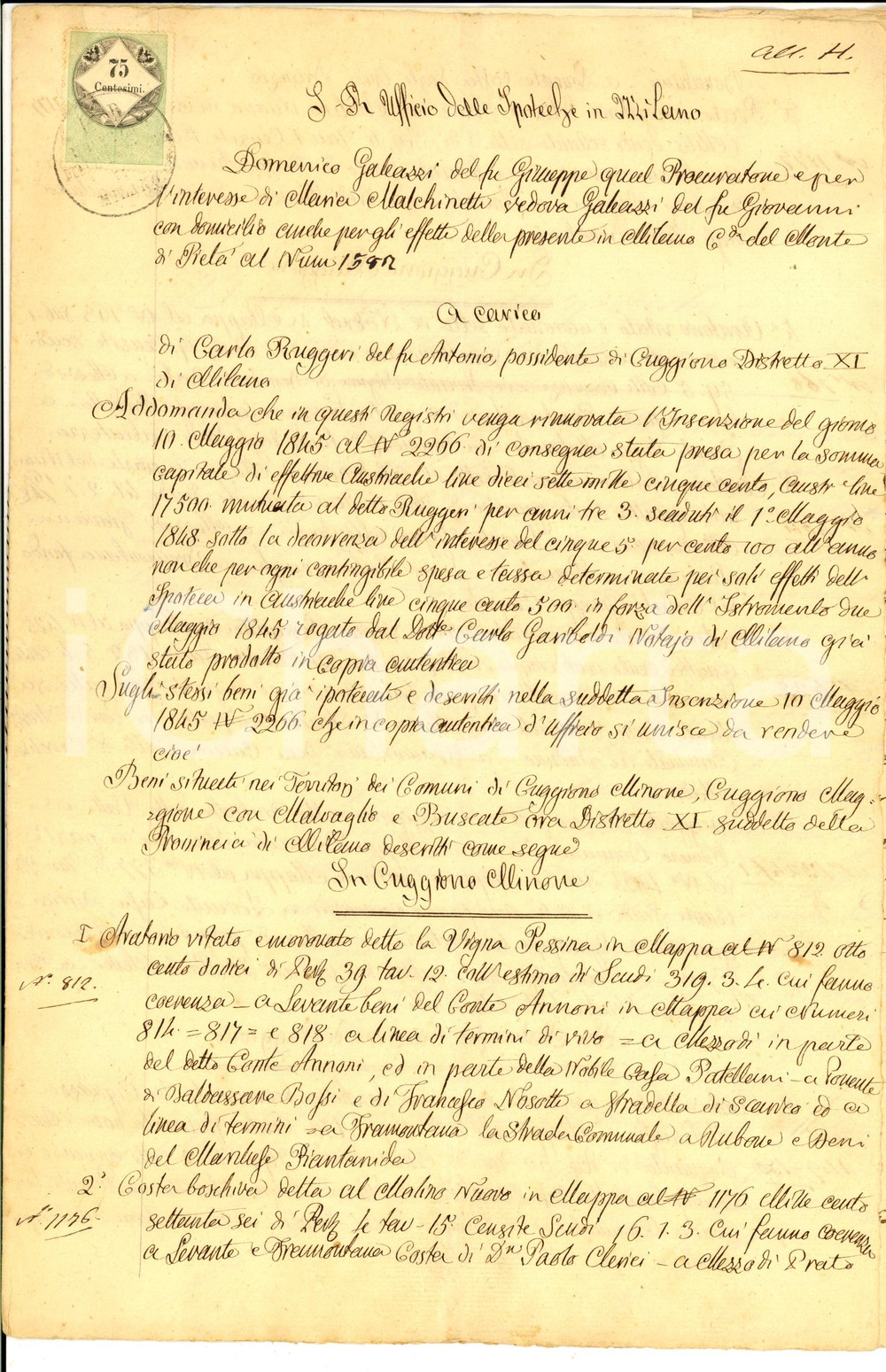 Documento originale, autentico 1850 ca CUGGIONO MI Beni rurali di Carlo RUGGERI albergatore Manoscritto 1