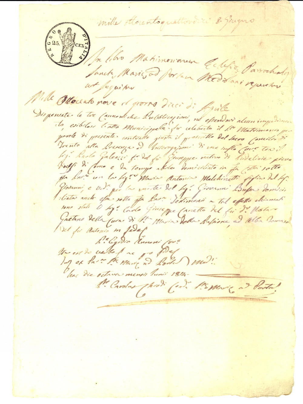 Documento originale, autentico 1814 MILANO SANTA MARIA ALLA PORTA Nozze Paolo GALEAZZI Antonia MELCHINETTI 1