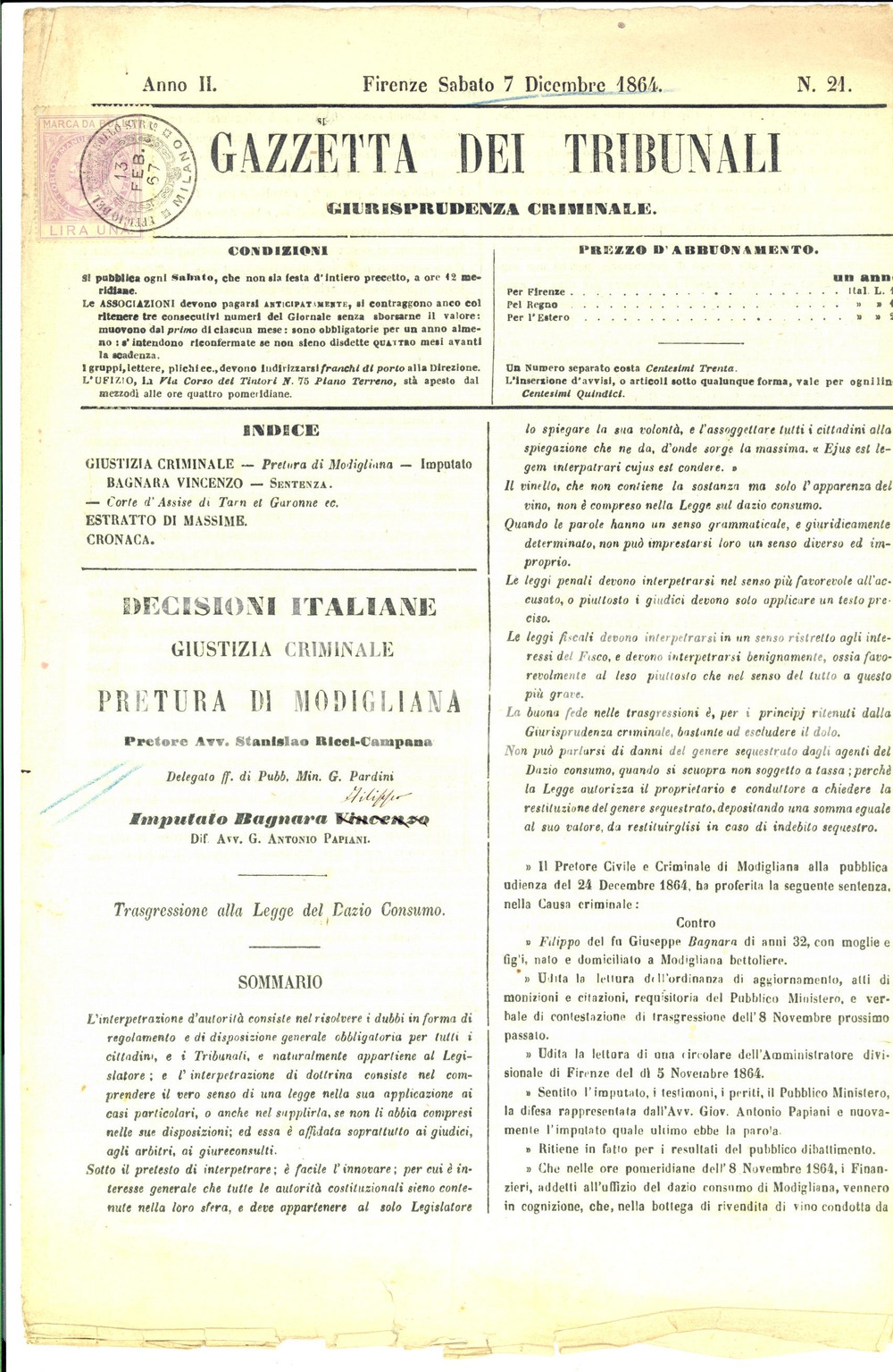Giornale, rivista storica 1864 GAZZETTA DEI TRIBUNALI MODIGLIANA FC Condanna Filippo BAGNARA bettoliere 1