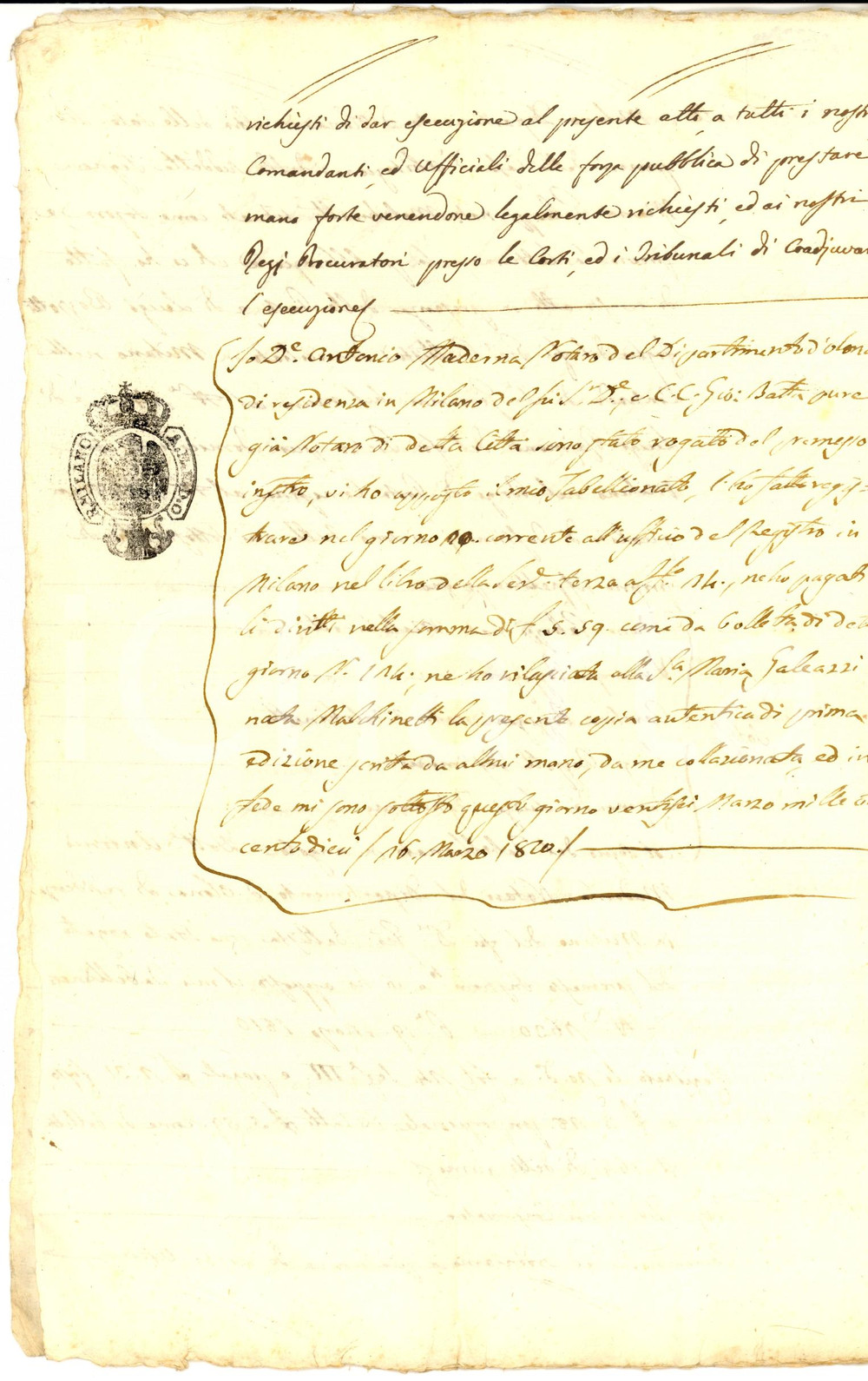 Documento originale, autentico 1810 MILANO Prestito di Maria MALCHINETTI alla sorella Carolina PIZZIGONI 1