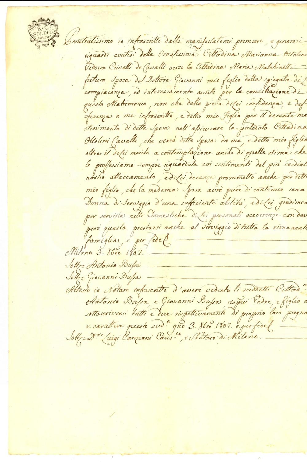 Documento originale, autentico 1802 MILANO Giuseppe BUSSA manterrà la moglie Maria MALCHINETTI con dignitÃ 1