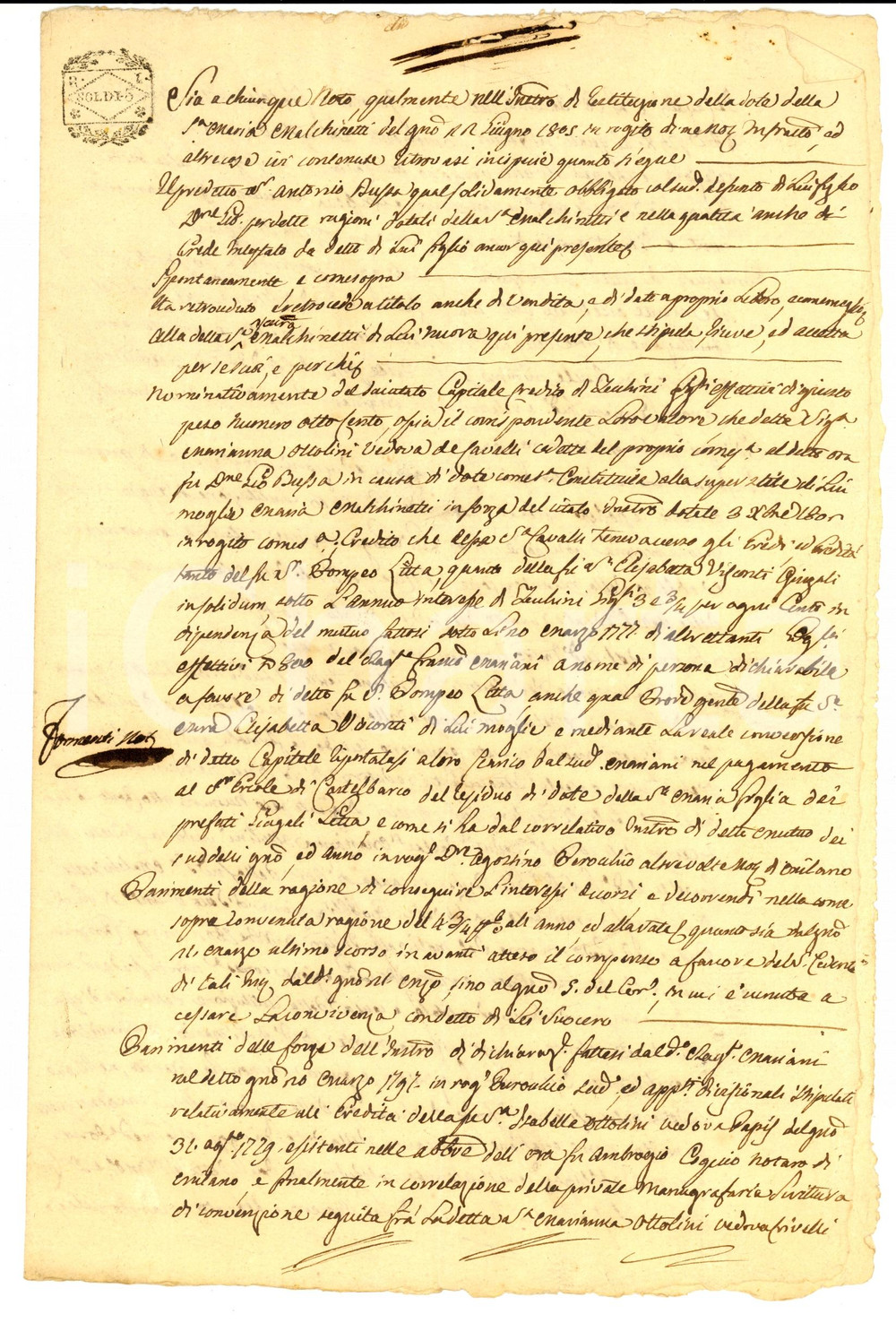 Documento originale, autentico 1805 MILANO Antonio BUSSA restituisce dote della nuora Maria MALCHINETTI vedova 1