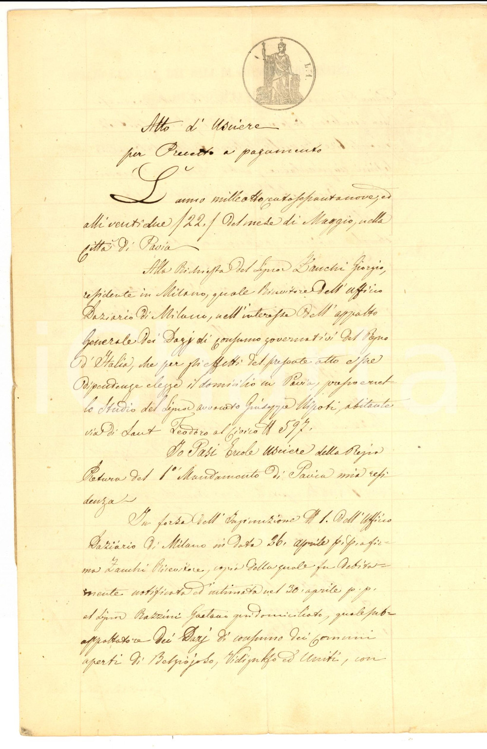 Documento originale, autentico 1869 PAVIA Debiti di Gaetano RAZZINI pubblico appaltatore DAZIO CONSUMO 1