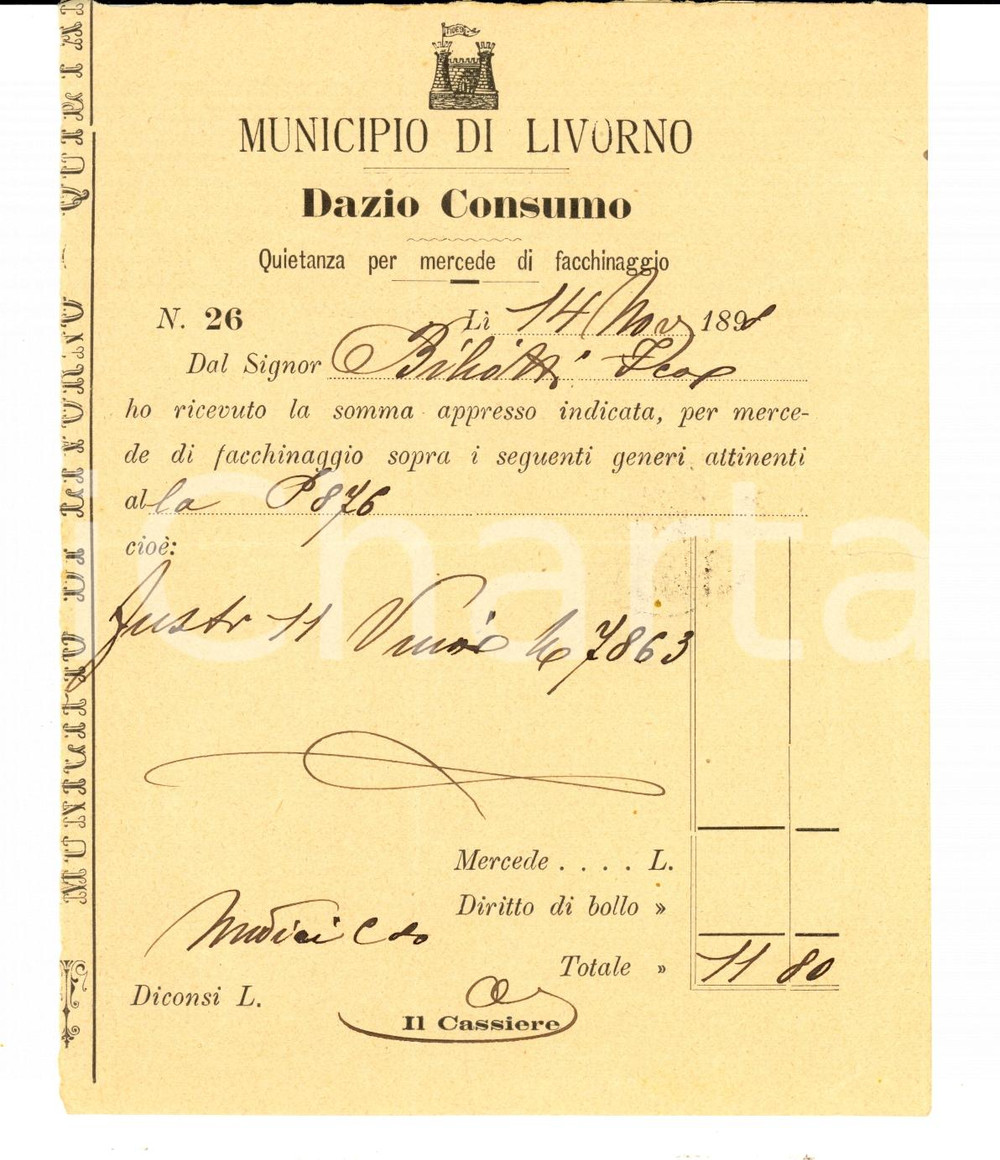 Documento originale, autentico 1898 LIVORNO Facchinaggio fusti di vino a Francesco BILIOTTI Dazio consumo 1