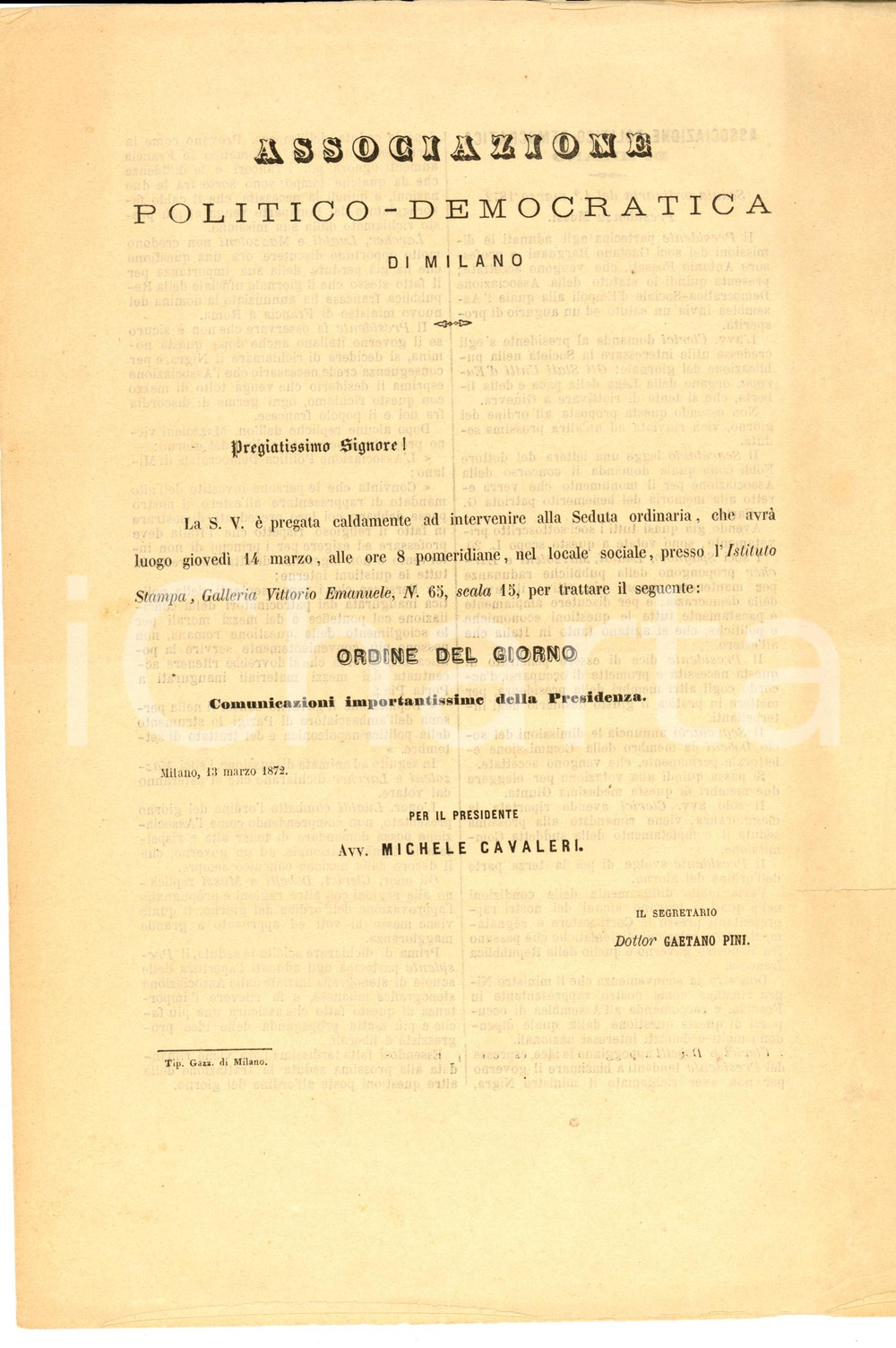 Documento originale, autentico 1872 MILANO Associazione POLITICODEMOCRATICA su richiamo ministro NIGRA 1