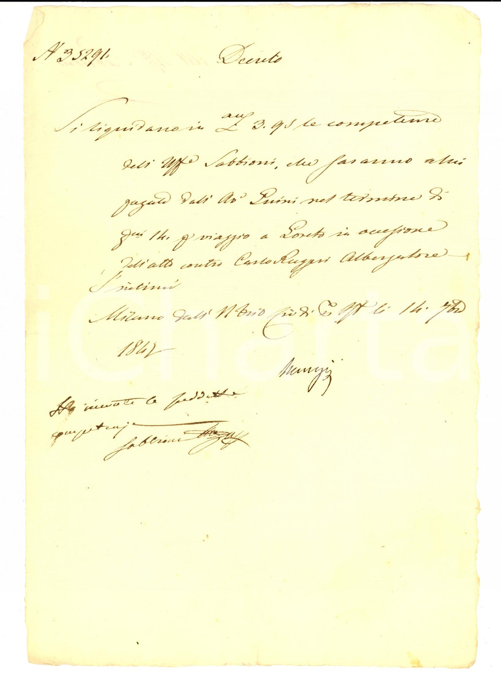 Documento originale, autentico 1847 MILANO Compenso ufficiale SABBIONI per pignoramento mobili Manoscritto 1