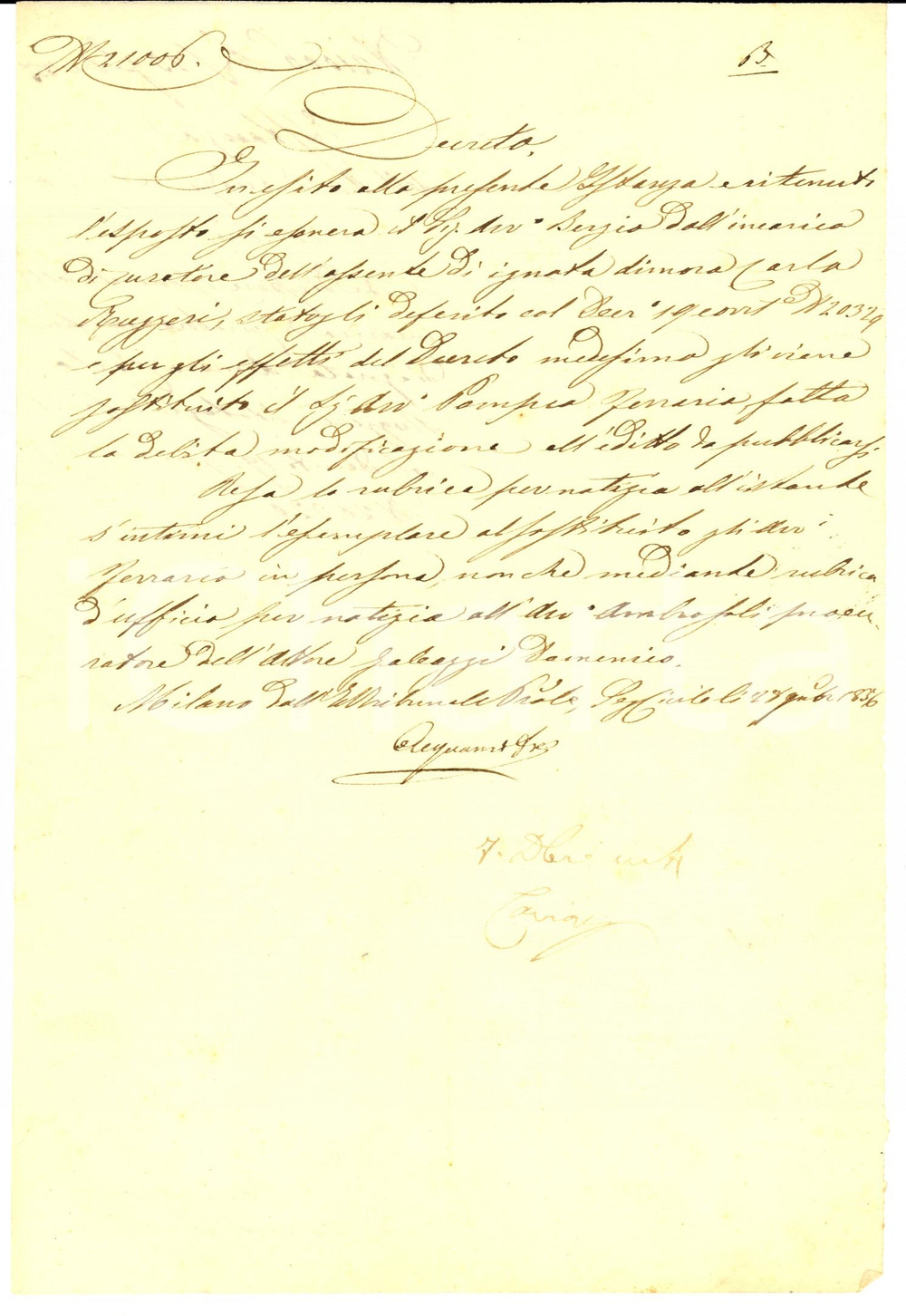 Documento originale, autentico 1836 MILANO Esonero dell avv. Luigi BERZIO dall incarico di curatore 1