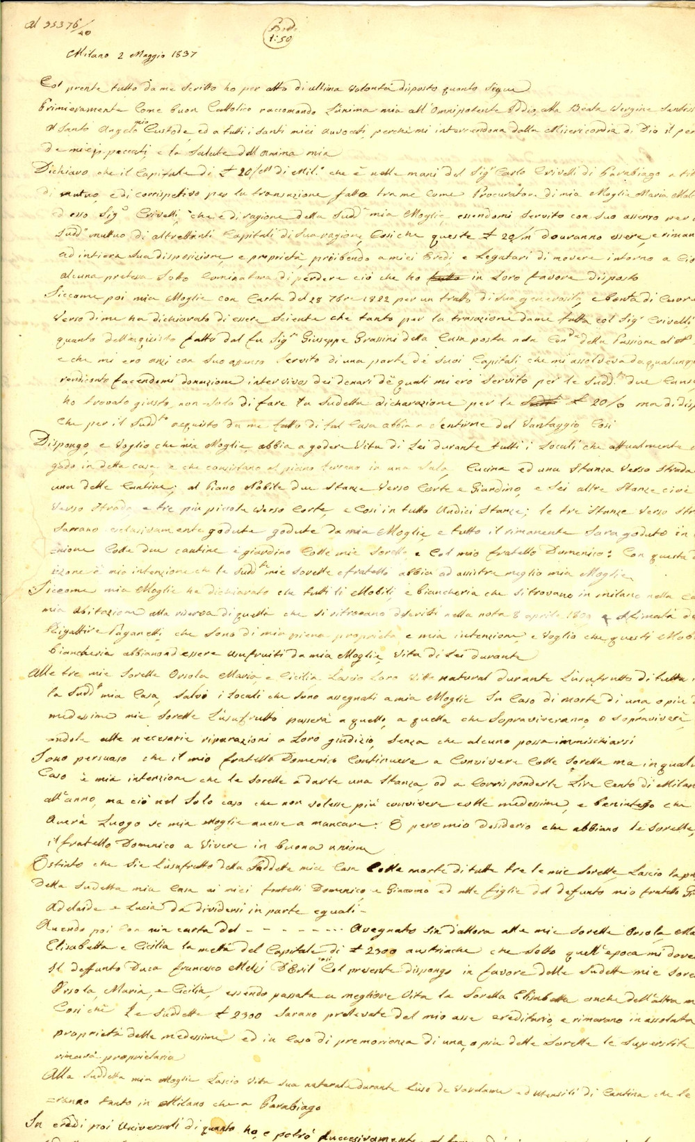 Documento originale, autentico 1837 MILANO Testamento di Paolo GALEAZZI a favore della moglie Maria MALCHINETTI 1