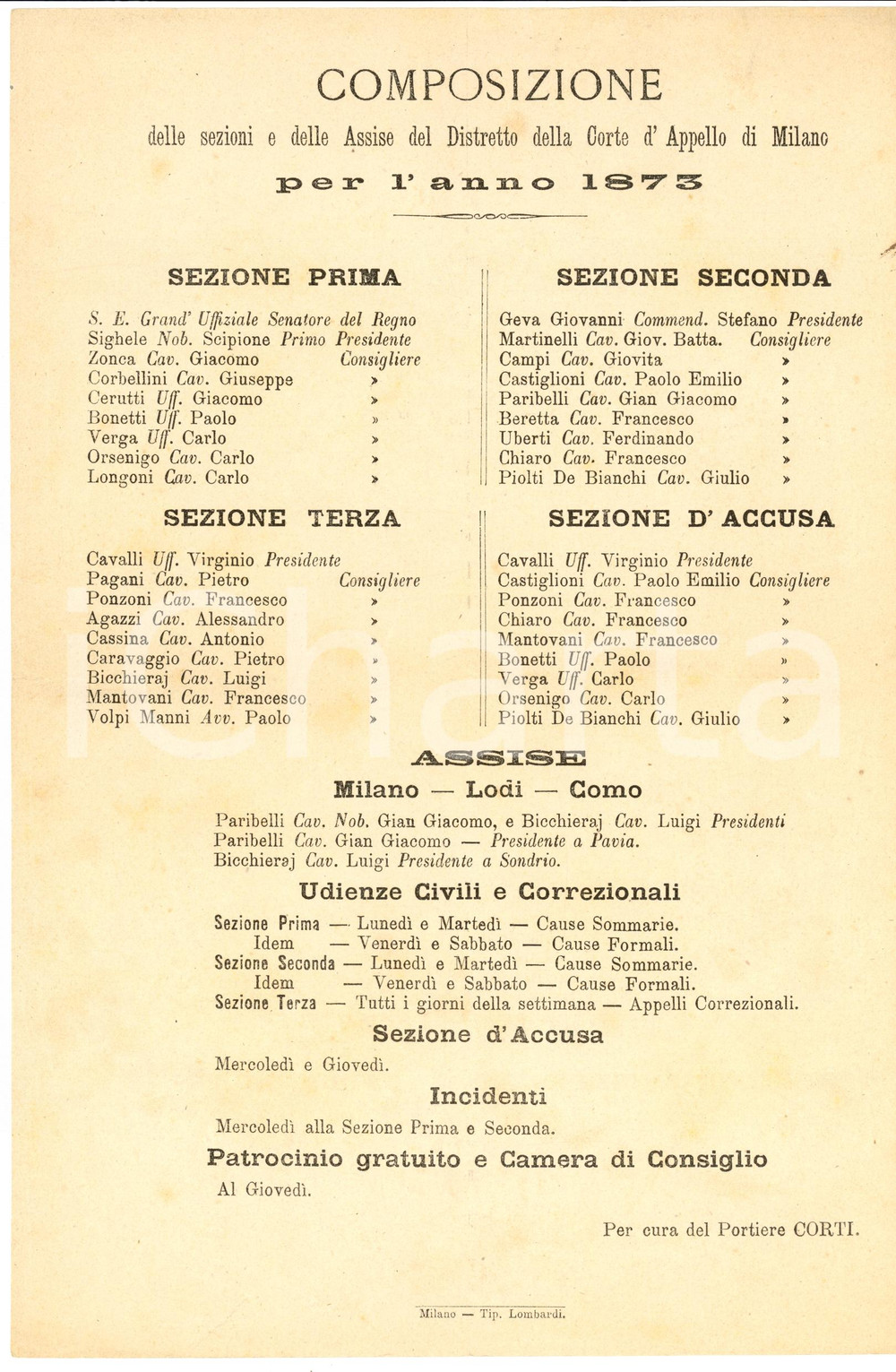 Documento originale, autentico 1873 MILANO Composizione Assise del Distretto della CORTE D APPELLO 1
