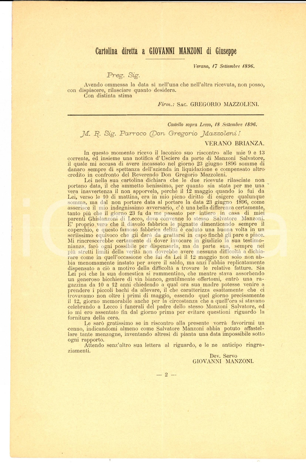 Documento originale, autentico 1896 VERANO BRIANZA Giovanni MANZONI cerca testimonianza don Gregorio MAZZOLENI 1