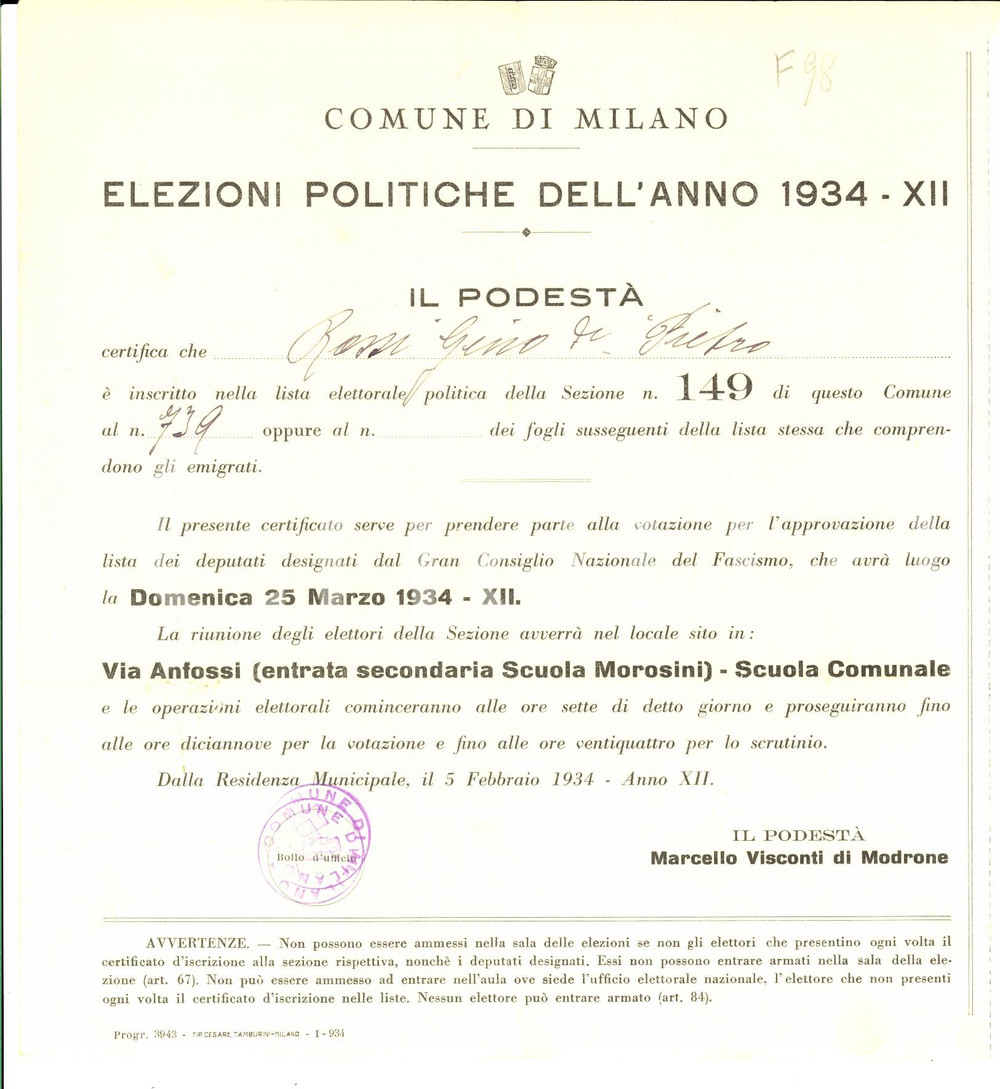 Documento originale, autentico 1934 MILANO Certificato elettorale di Gino ROSSI Elezioni politiche 1