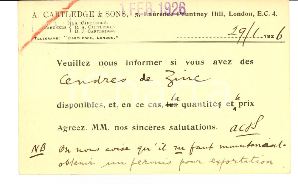Cartolina originale da collezione 1926 LONDON A. CARTLEDGE & Sons ordina polvere di zinco a ditta REDAELLI FP VG 1