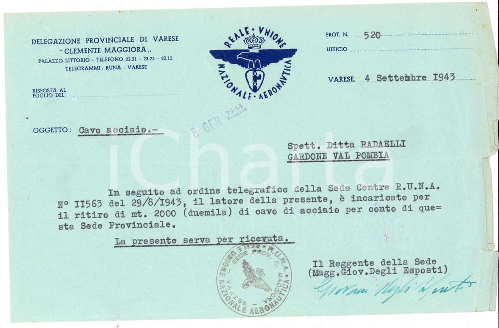 Manoscritto, lettera originale 1943 VARESE Reale Unione Nazionale Aeronautica Autografo Giovanni DEGLI ESPOSTI 1