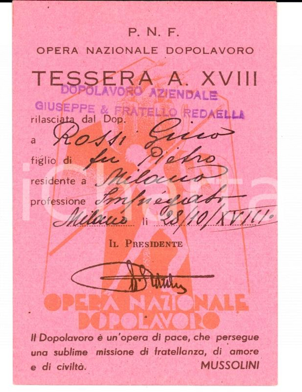 Documento originale, autentico 1939 MILANO Dopolavoro aziendale Giuseppe REDAELLI Tessera Gino ROSSI 1