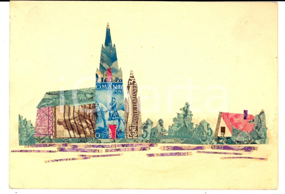 Cartolina originale da collezione 1930 ca Cartolina COLLAGE realizzata a mano con francobolli d epoca RARISSIMA 1