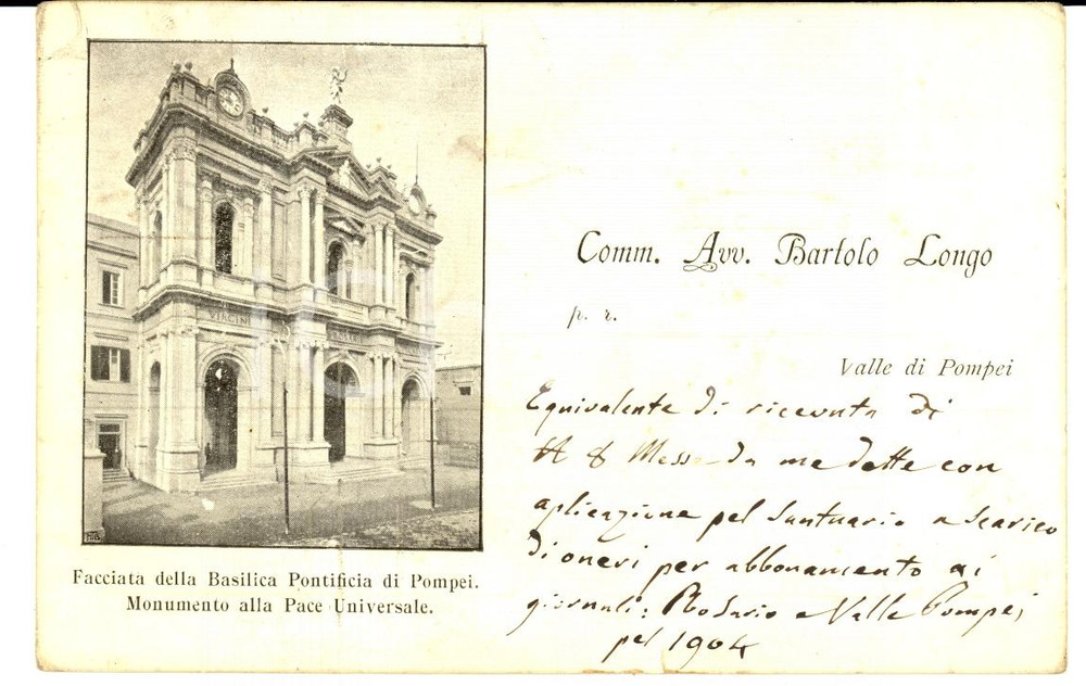 Cartolina originale da collezione 1904 POMPEI NA Santuario Madonna del Rosario Cartolina a mons. Giuseppe LURANI 1
