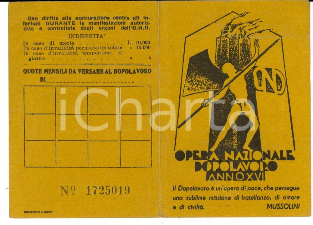 Documento originale, autentico 1938 MILANO Dopolavoro aziendale Giuseppe REDAELLI Tessera Gino ROSSI 1