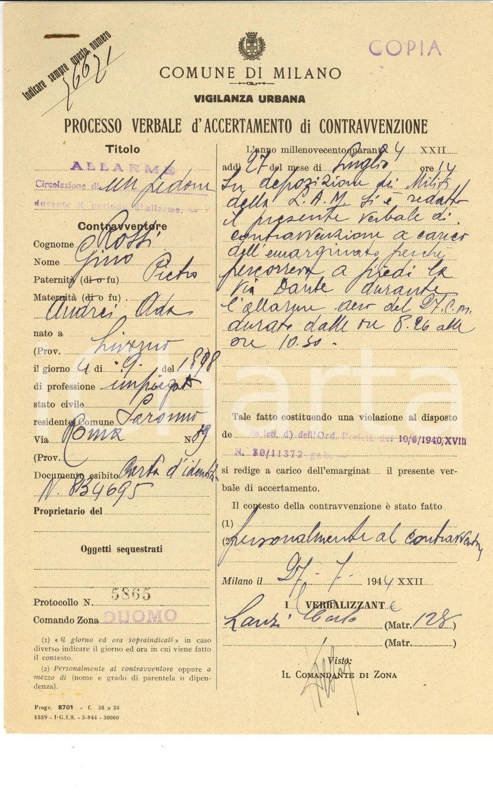 Documento originale, autentico 1944 WW2 MILANO via DANTE Multa per circolazione a piedi durante allarme aereo 1