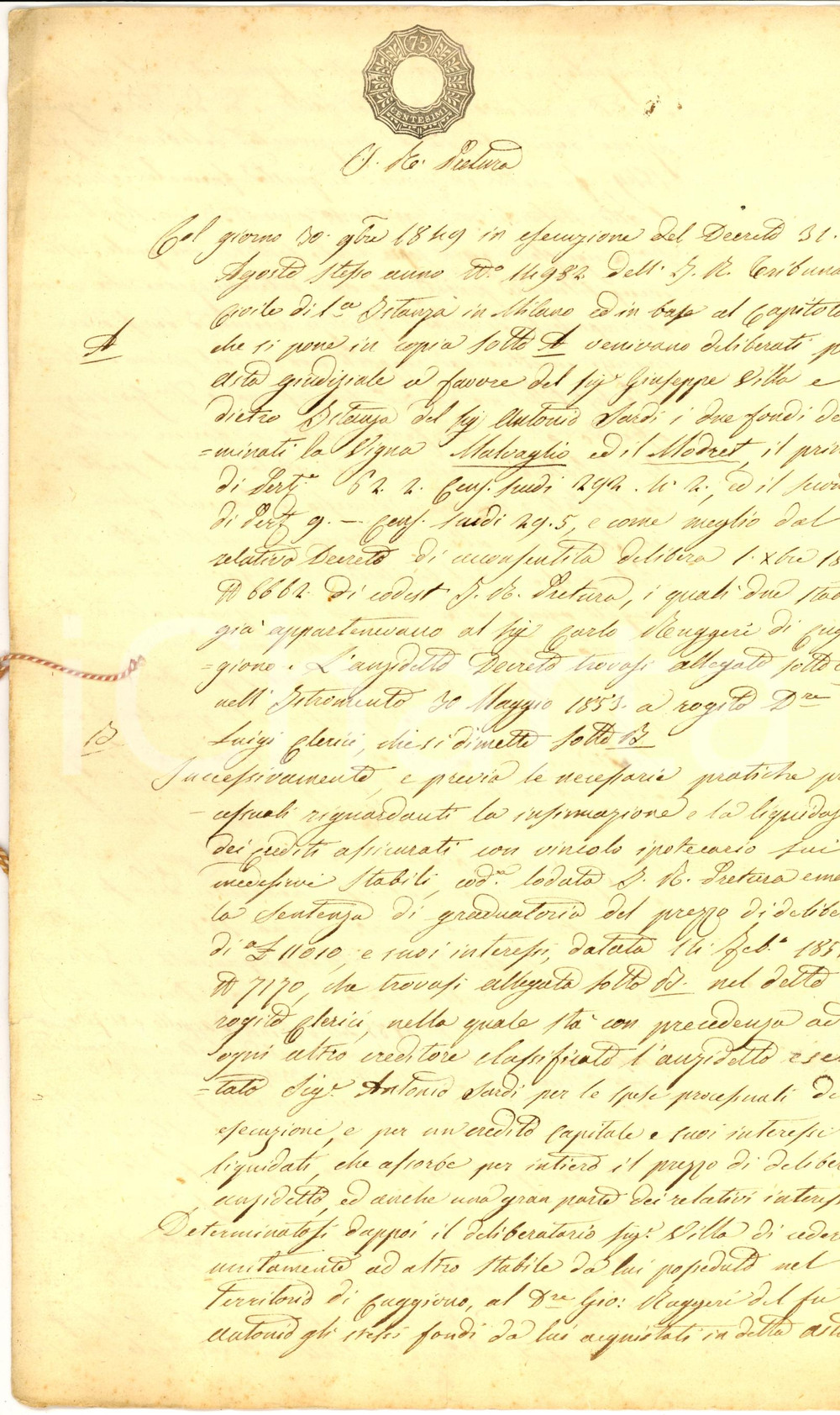 Documento originale, autentico 1854 CUGGIONO MI Giuseppe VILLA si aggiudica vigna MALVAGLIO e fondo MODRET 1