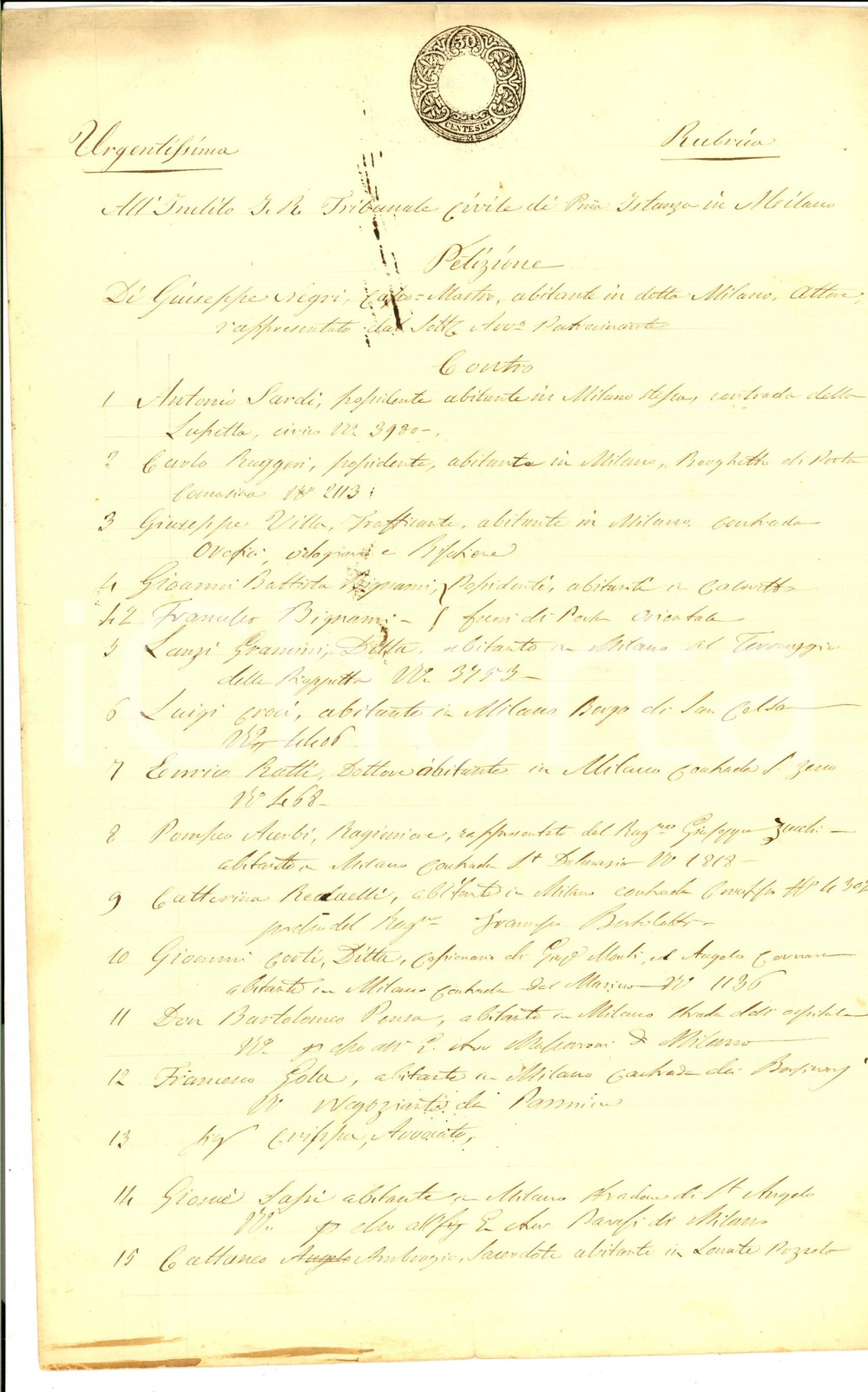 Documento originale, autentico 1853 MILANO Petizione capomastro Giuseppe NEGRI nell esproprio Carlo RUGGERI 1