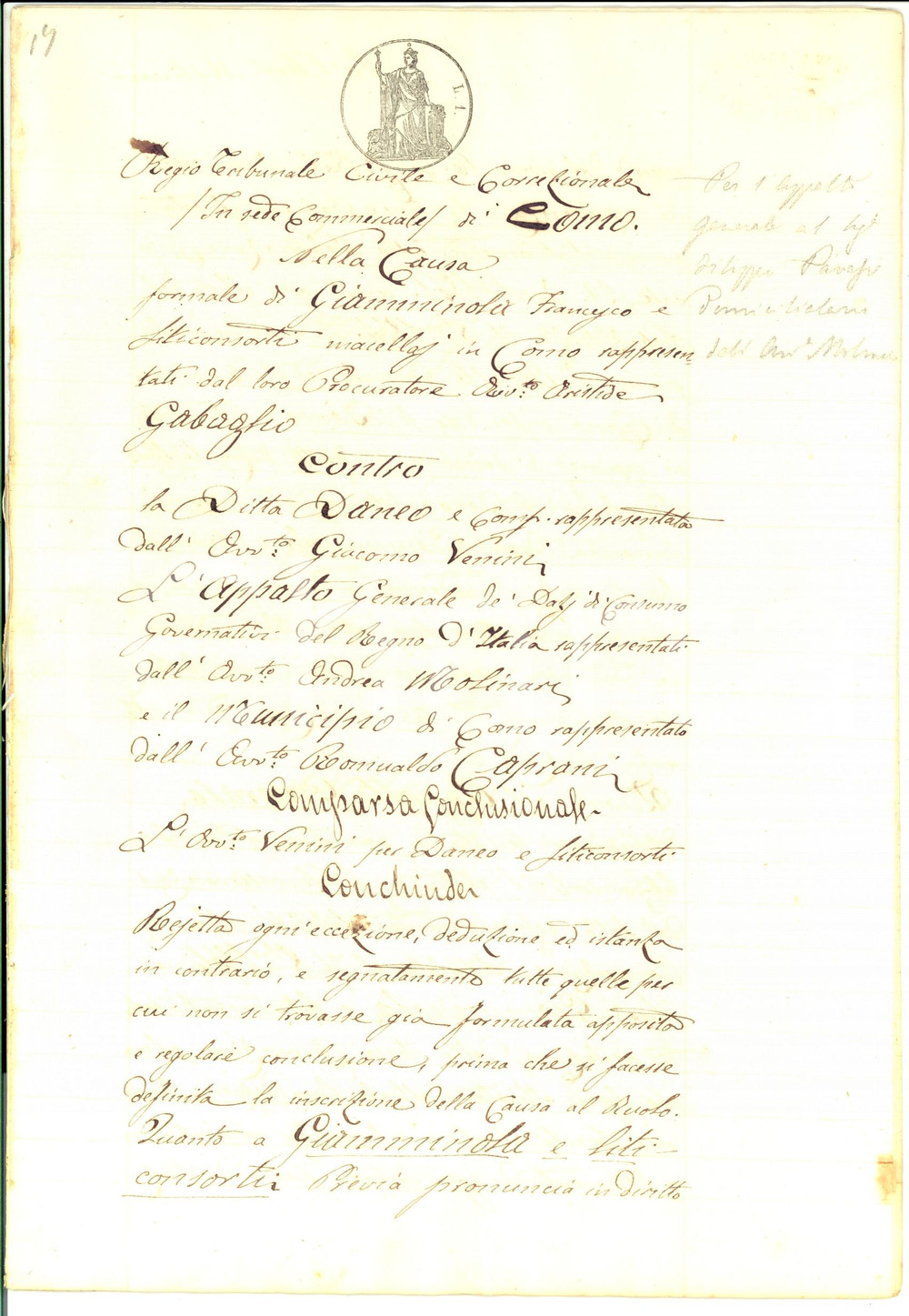 Documento originale, autentico 1866 COMO Francesco GIAMMINOLA vs Ditta DANEO e Appalto DAZIO CONSUMO 1