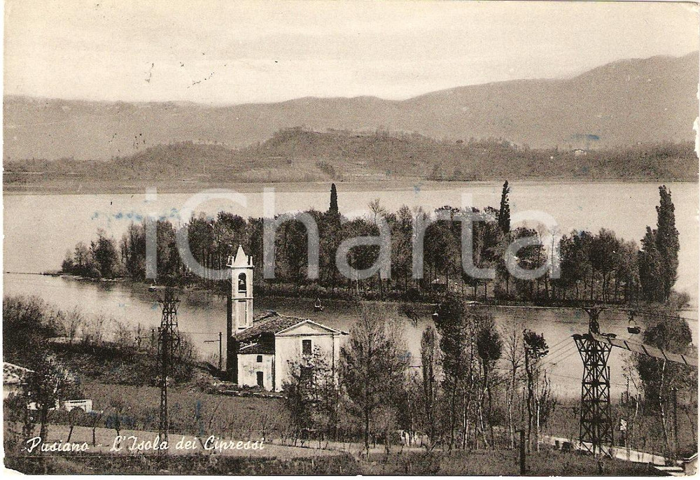 Cartolina originale da collezione 1958 PUSIANO CO Lago e ISOLA DEI CIPRESSI Panorama DANNEGGIATA Cartolina FG VG 1