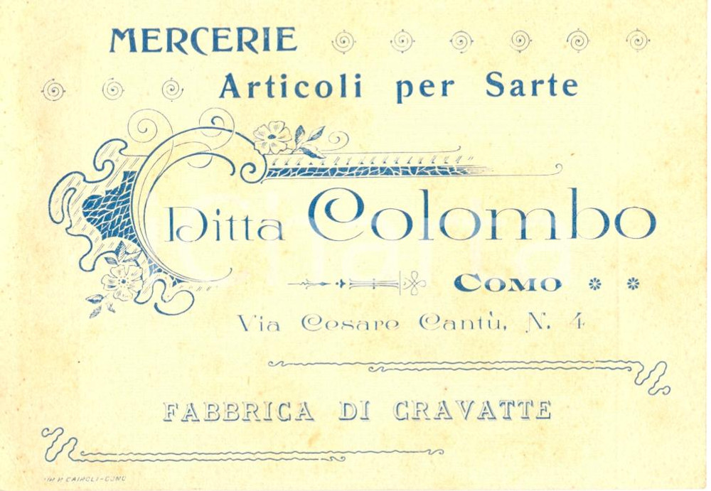 Cartolina originale da collezione 1930 ca COMO Ditta COLOMBO  mercerie  fabbrica CRAVATTE Cartolina commerciale 1