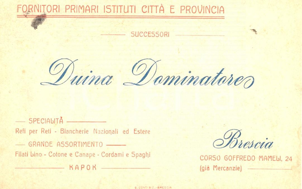 Cartolina originale da collezione 1940 ca BRESCIA Duina DOMINATORE biancheria filati cotone lino kapok PUBBLICITA 1