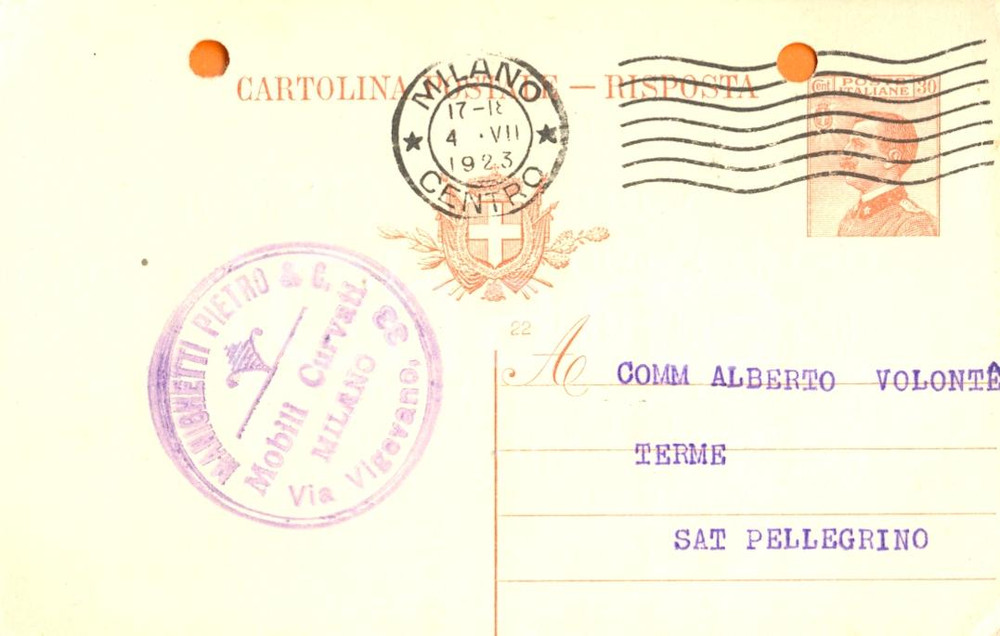 Cartolina originale da collezione 1923 MILANO Pietro MANIGHETTI offre operaio per terme SAN PELLEGRINO Cartolina 1