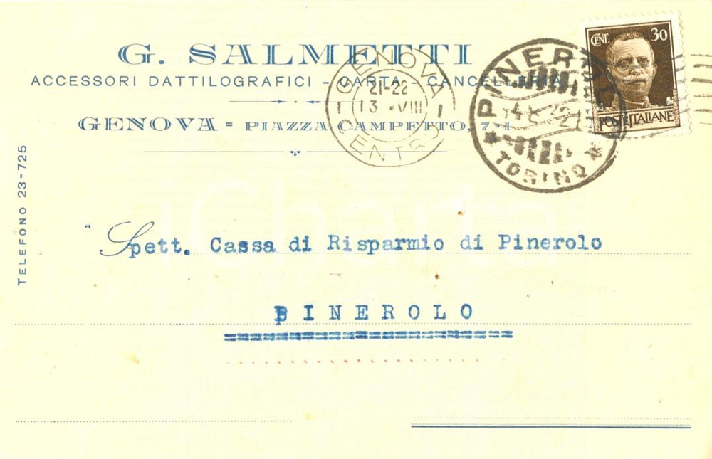 Cartolina originale da collezione 1932 GENOVA Ditta G. SALMETTI accessori dattilografici  cancelleria Cartolina 1