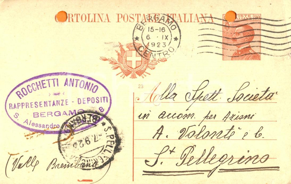 Cartolina originale da collezione 1923 BERGAMO Antonio ROCCHETTI Rappresentanze  depositi Cartolina commerciale 1