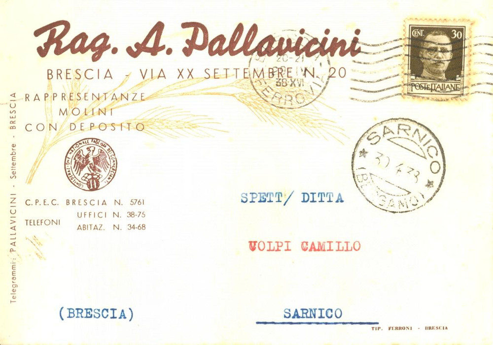 Cartolina originale da collezione 1938 BRESCIA Antonio PALLAVICINI Rappresentanza di molini e deposito Cartolina 1