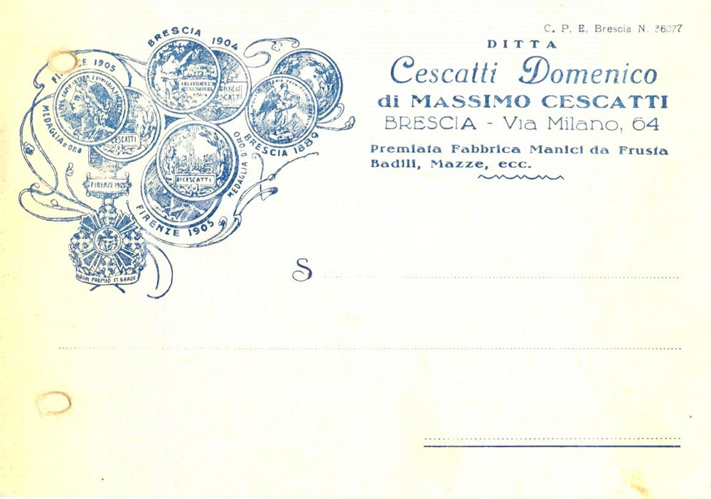 Cartolina originale da collezione 1936 BRESCIA Domenico CESCATTI fabbrica MEDAGLIA D ORO manici  mazze CARTOLINA 1