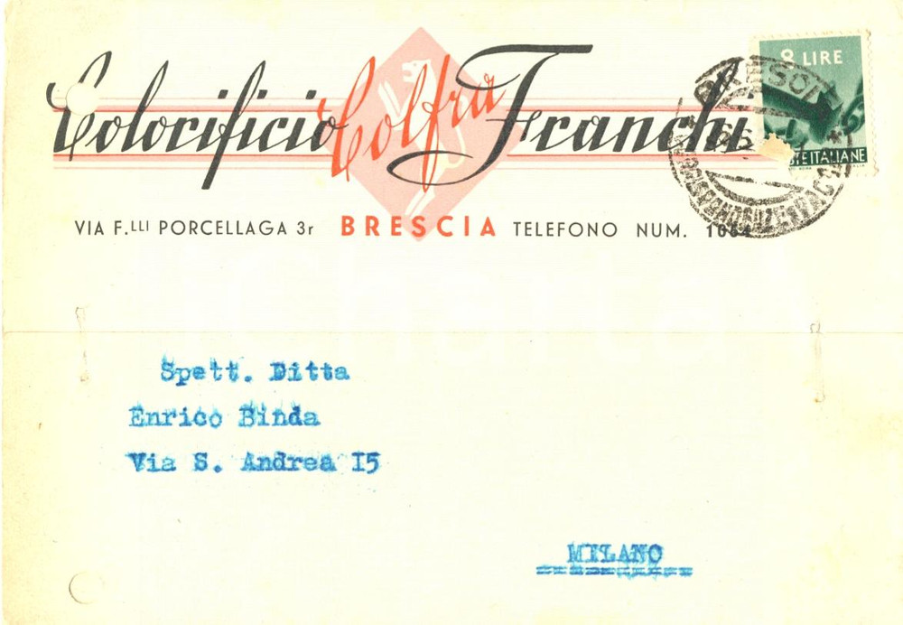 Cartolina originale da collezione 1948 BRESCIA Colorificio FRANCHI richiede biacca della marca AQUILA Cartolina FG 1