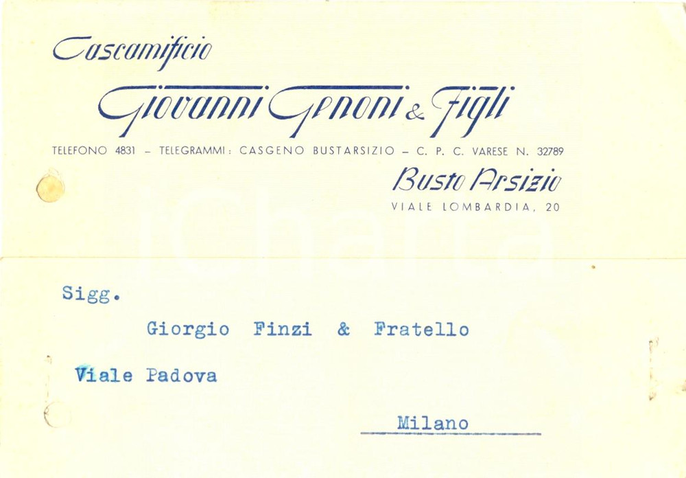 Cartolina originale da collezione 1947 BUSTO ARSIZIO VA Ditta Giovanni GENONI & Figli CASCAMIFICIO Cartolina FG 1