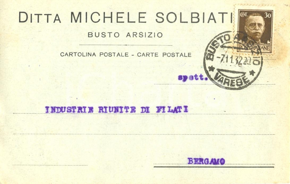 Cartolina originale da collezione 1932 BUSTO ARSIZIO VA Ditta Michele SOLBIATI tessitura Cartolina commerciale 1